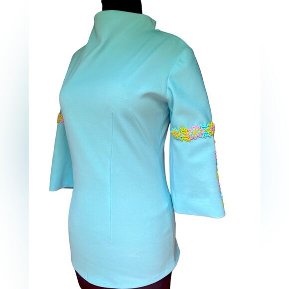 Vtg 70s Blue High Neck Modest Boho Coquette Colorful Floral Embroidered Blouse - Picture 1 of 5